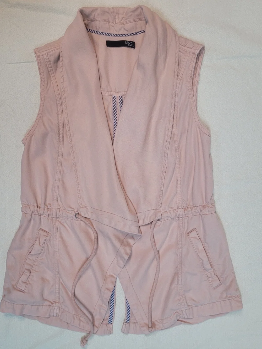 Open Front Draped Utility Drawstring Vest in Blush Pink 100% Tencel-Soft, XS